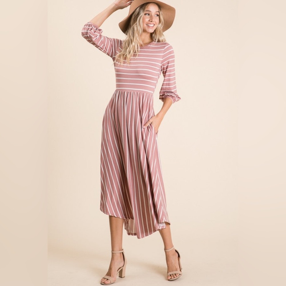 NWT Reborn J Striped Bubble Sleeve Midi Dress